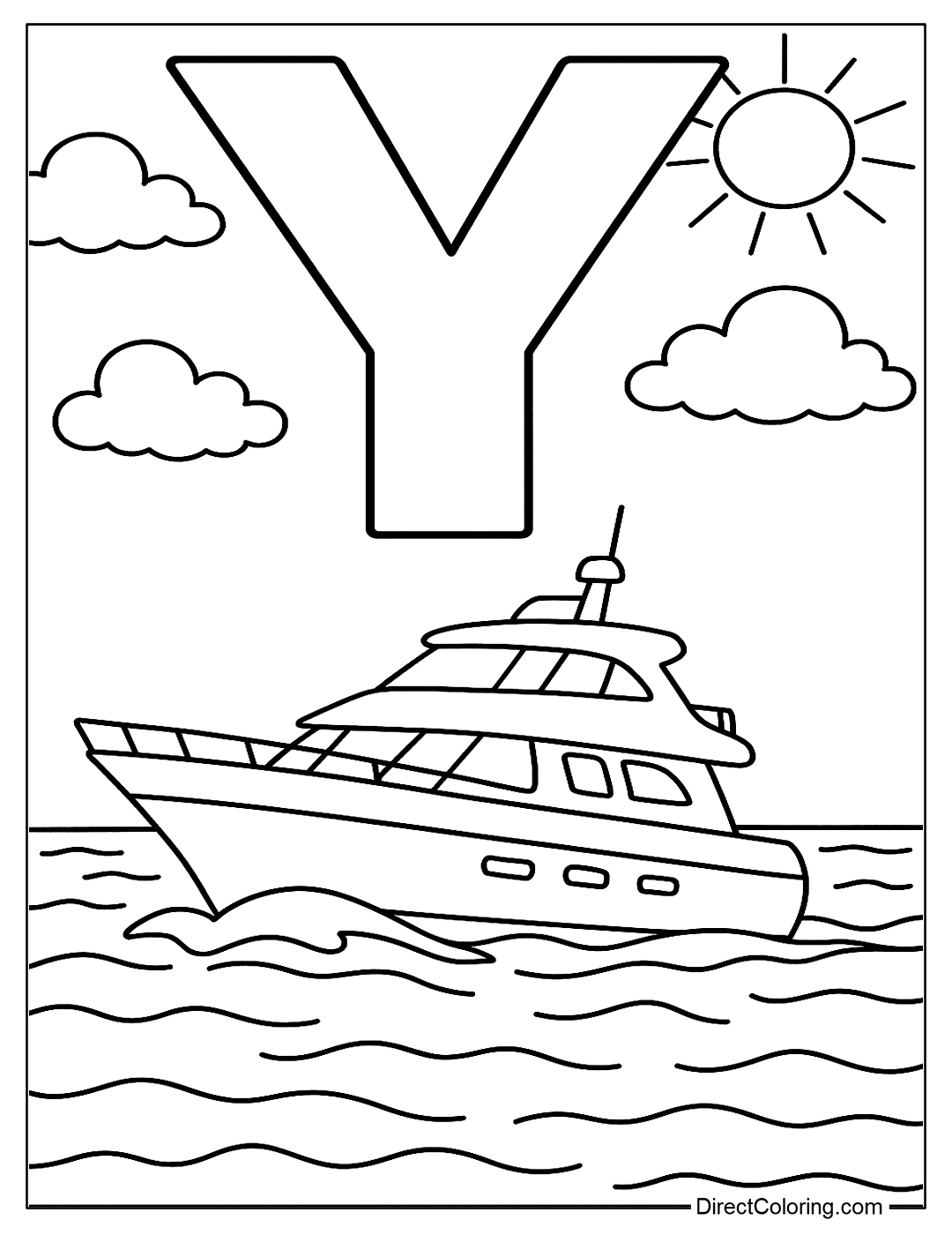Y coloring page with a yacht sailing under the June sky